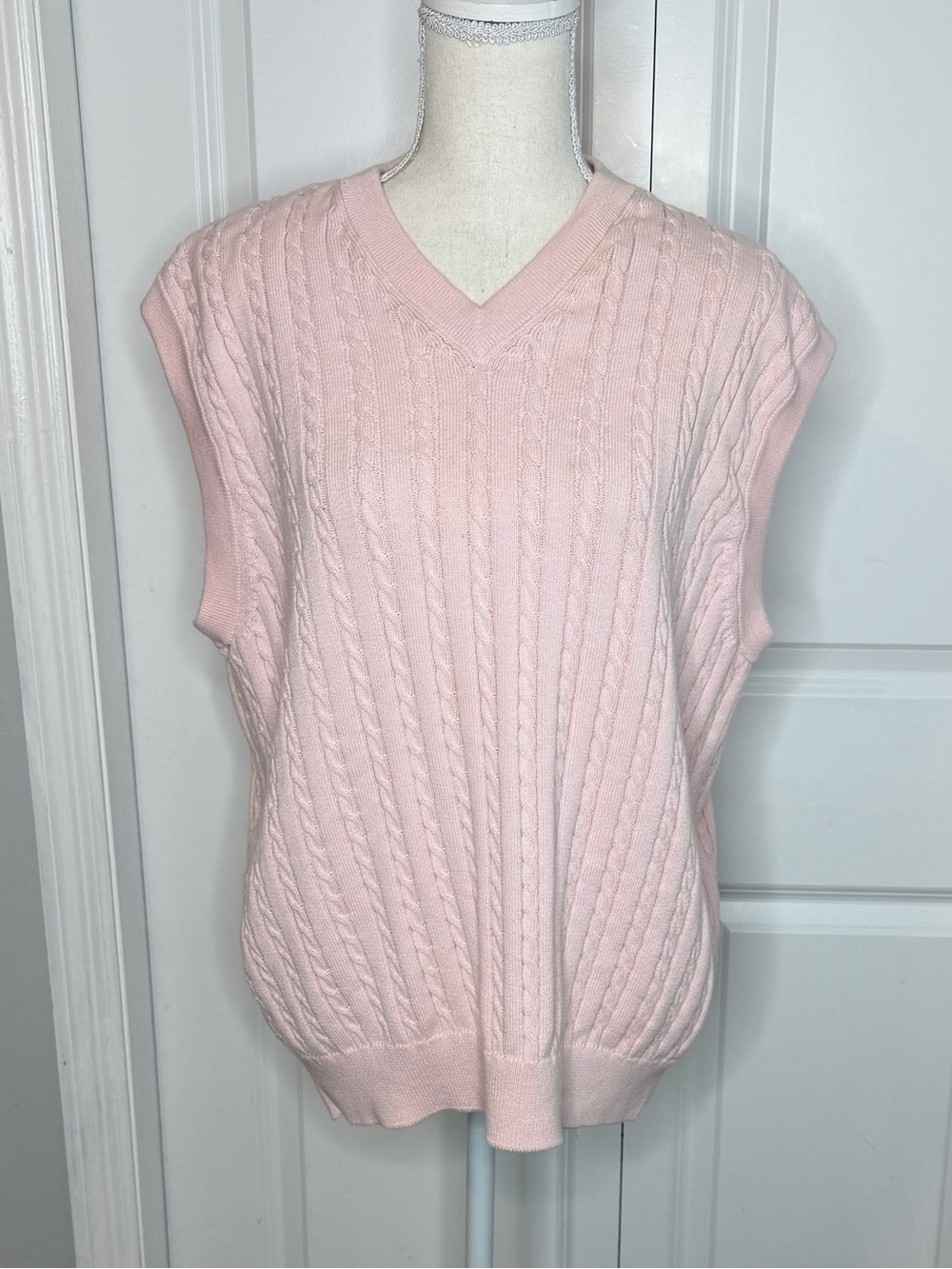 Light Pink Women's V-Neck Cable Knit Sweater Vest XL Cotton Fall Preppy Pastel